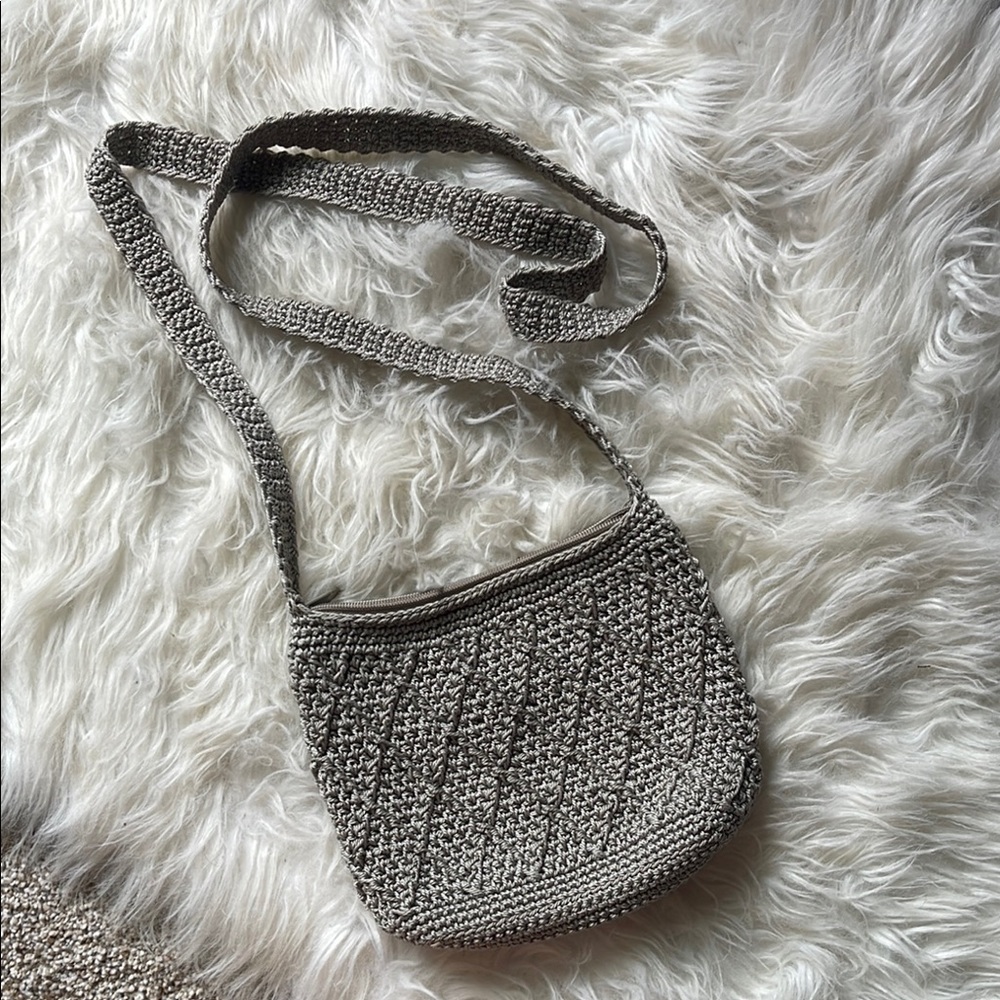 Gray Beaded Crossbody Bag with Chain Strap